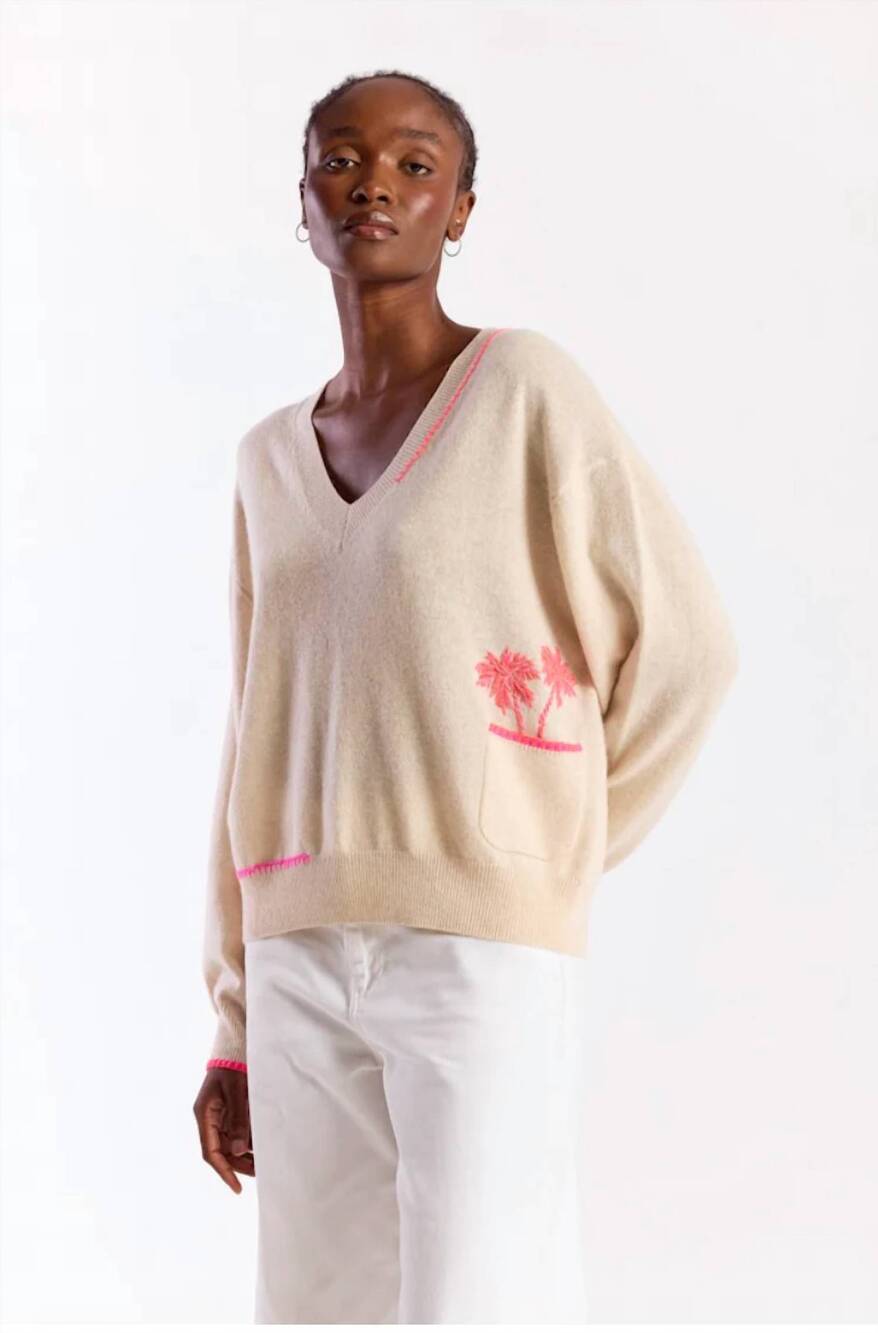 NEW BRODIE CASHMERE palm pocket v-neck lace sweater in natural